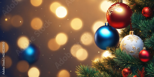 Christmas illustration with Christmas tree branches, red, blue and white balls and other decorations. Generative AI