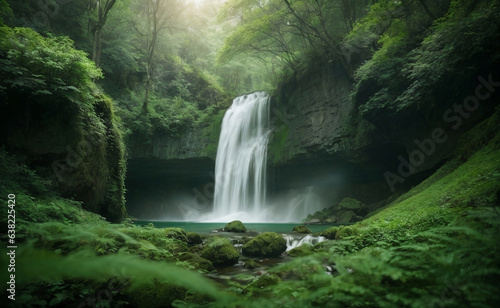 A beautiful forest with waterfall and plants.