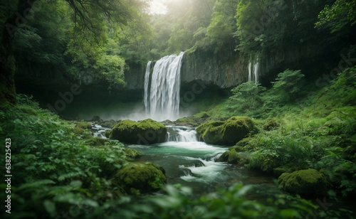 A beautiful forest with waterfall and plants.