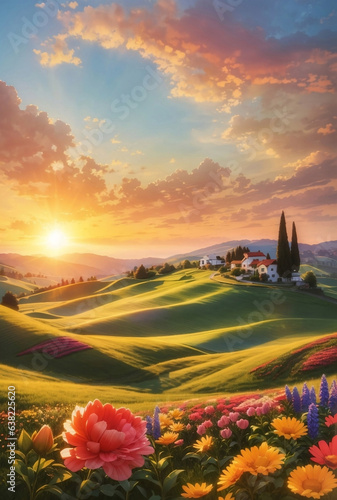 A landscape of rolling hills and vibrant flowers.