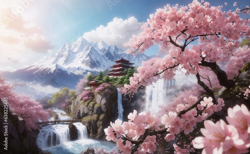 Blooming sakura tree with mountain and waterfall background.