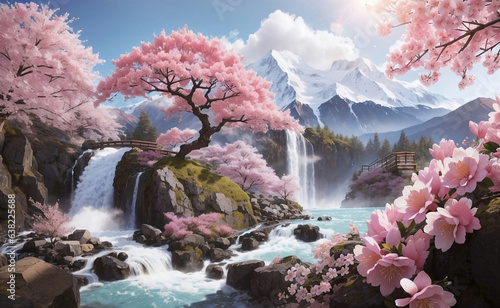 Blooming sakura tree with mountain and waterfall background.