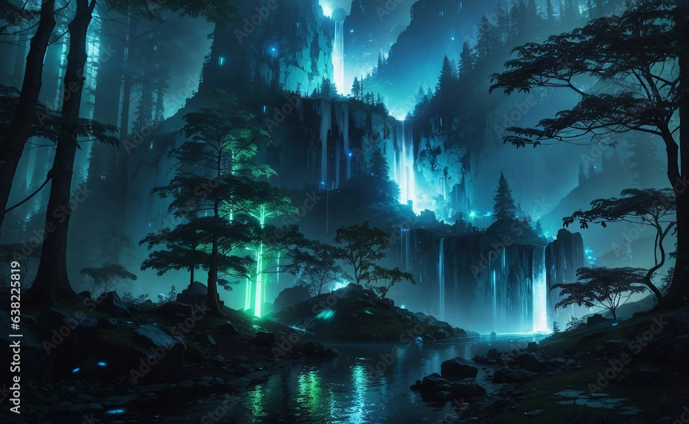 A beautiful fantasy futuristic cyberpunk forest.