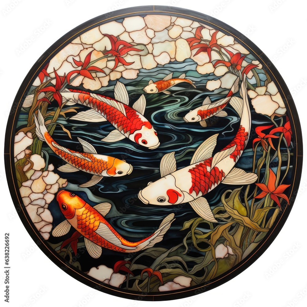 Koi fish with flowers in pond, Koi fish in pond, Stained glass koi fish