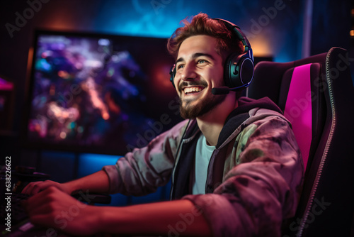 Player smiling at his computer screen during an online video gaming session - Generative AI