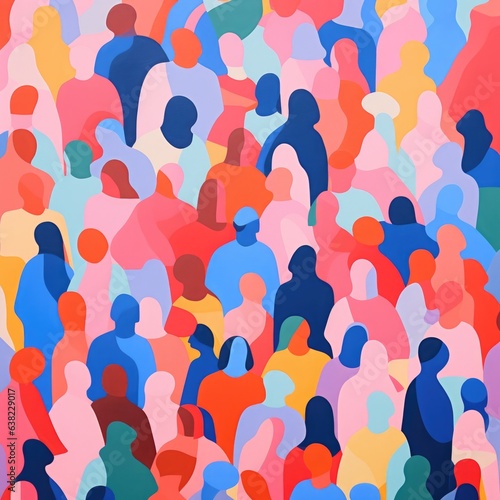 A Crowd of different men and women in a beautiful Gouache style risograph - Screenprint style poster artwork — SQUARE High Res - Pink, yellow, blue, black, green