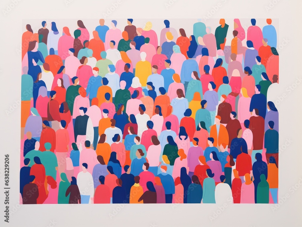 A Crowd of different men and women in a beautiful Gouache style risograph print on wall - Screenprint style poster artwork — PRINT STYLE High Res - Pink, yellow, blue, black, green