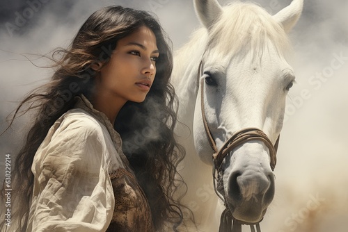 Cowgirl, Attractive girl rider , ranch, riding a horse, pasture, headdress hat, Texas clothes shepherd, female . © Ruslan Batiuk