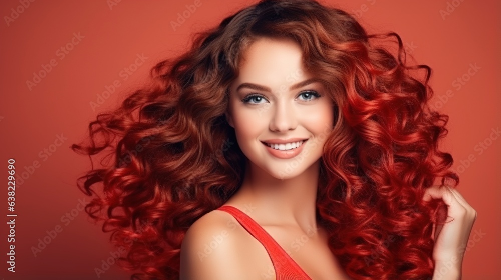 Beautiful smiling woman with long wavy hair . Girl curly hairstyle and red manicure nails . Beauty ,makeup and cosmetics. generative a
