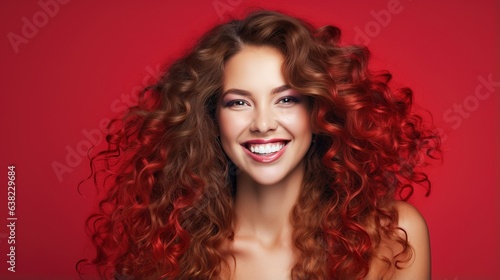 Beautiful woman with long wavy hair who smiles. Girl with curly hair and red manicure nails. Cosmetics, makeup, and beauty. 