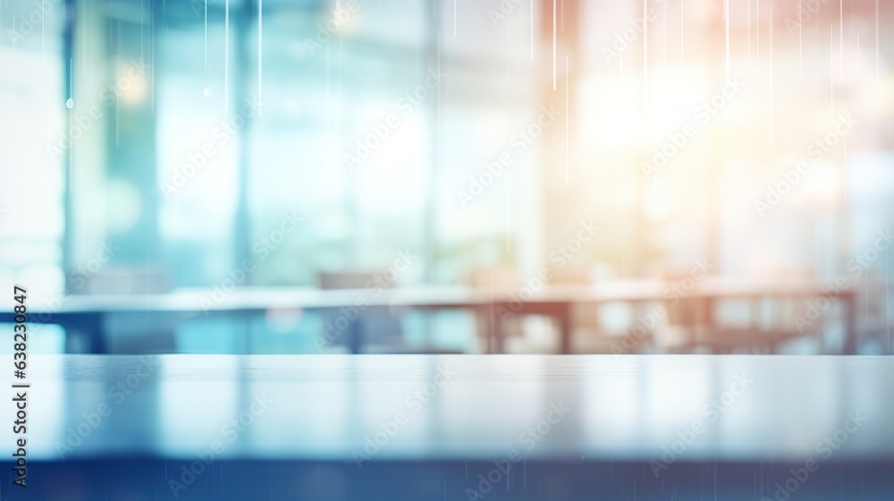 Blurred empty open space office. Abstract light bokeh at office interior background for design. generative ai Blurred empty open space office. Abstract light bokeh at office interior background for design. generative ai