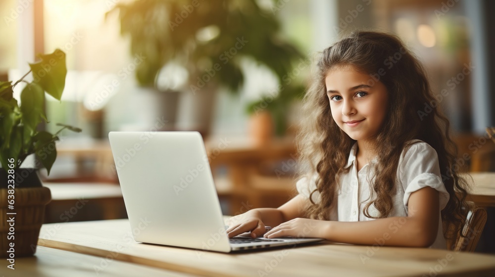 Cute little girl using laptop at home, Education, online study, home studying, distance learning, homework, schoolgirl children lifestyle concept. generative ai Cute little girl using laptop at home, Education, online study, home studying, distance learning, homework, schoolgirl children lifestyle concept. generative ai