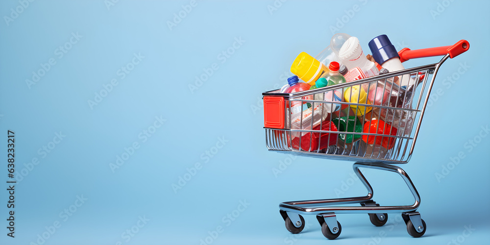Shopping cart full of garbage on blue background with copy space. Consumerism. Buying junk