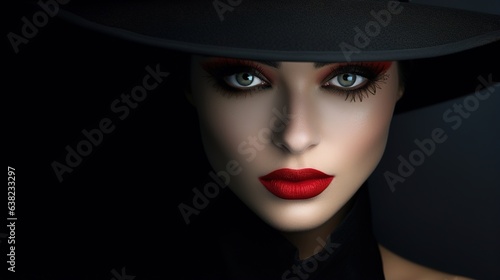 Black Hat conceals an elegant woman's face portrait. Over a dark gray background, a beauty fashion model wears red lips and wears eye makeup. generative ai © WS Studio 1985