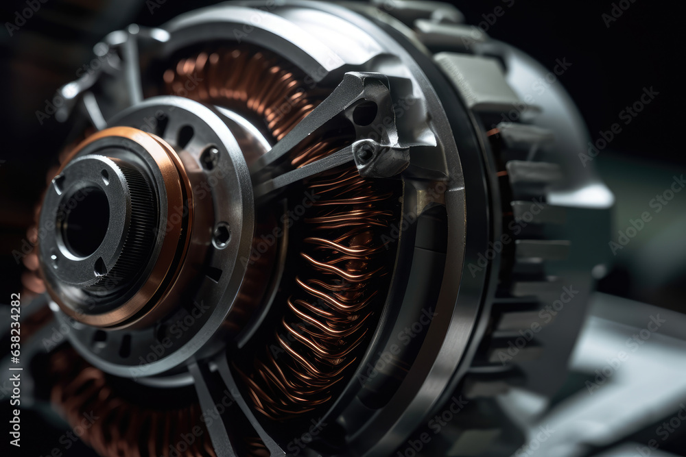 A mesmerizing close-up capturing the dynamic motion of industrial gears, intricate wiring, and a formidable electric motor in a captivating macro composition. - obrazy, fototapety, plakaty 