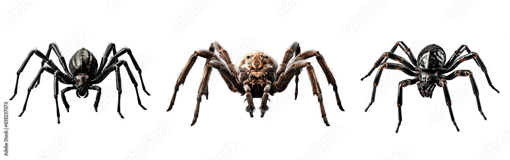 Three horror spiders over isolated transparent background Three horror spiders over isolated transparent background