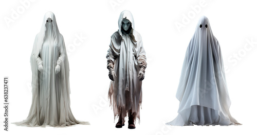 Set of three scary ghost costumes over isolated transparent background