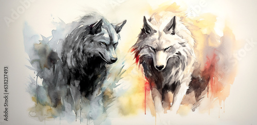 Wolf Symphony: Artistic Watercolor Depiction of Canis lupus Alpha Leading its Pack Member.