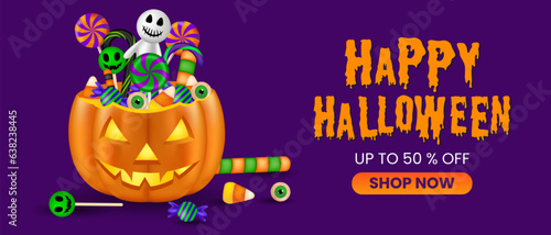 Happy halloween sale horizontal banner vector template