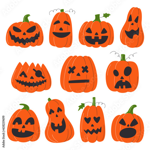 Different carving pumpkins for October celebration. Orange Jack o lanterns with various facial expression collection. Spooky holiday decor. Halloween decoration set hand drawn flat vector illustration