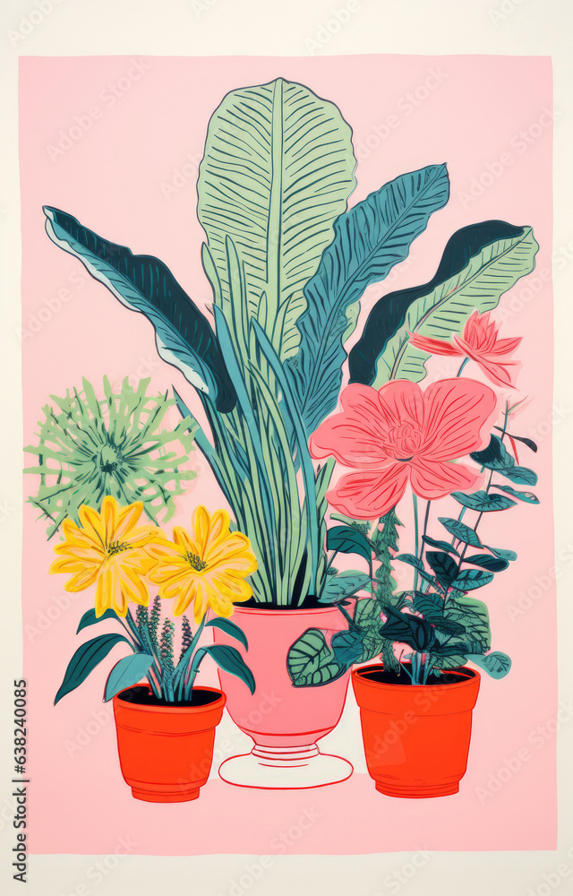Obraz premium Beautiful print of indoor pot plants, in Risograph . screen print style painting in Gouache or oils, naturalistic and naive with pink color scheme