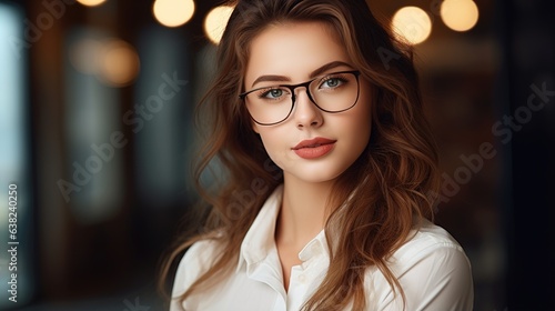 Portrait of a smiling businesswoman with glasses, showcasing beauty and confidence