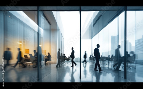 Dynamic Modern Office Environment: A bustling large office workplace with businesspeople in motion blur, capturing the fast-paced nature of corporate life, teamwork, and collaboration