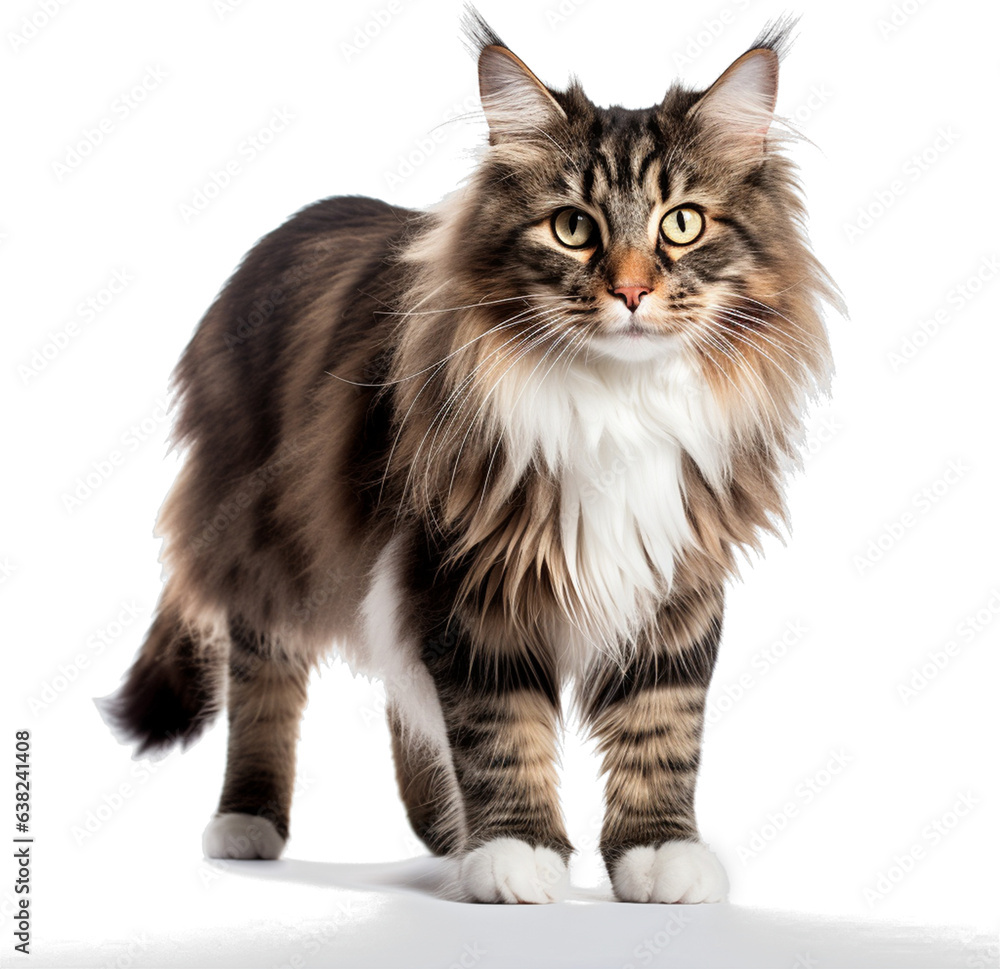 Norwegian Forest Cat, Full Body, Walking, Smiling Face, High Resolution on a white background Norwegian Forest Cat, Full Body, Walking, Smiling Face, High Resolution on a white background