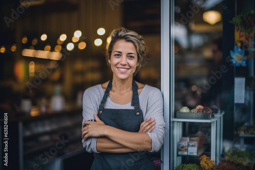 Portrait of a female caucasian small business owner standing outside her store photo