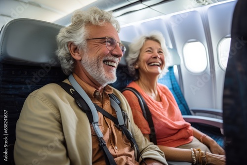 Exicted senior couple flying in an commercial airplane going on a vacation © Geber86
