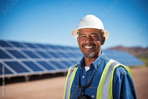 Portrait of a smiling young african solar panel engineer standing in a field of solar panels on a solar panel farm © Geber86
