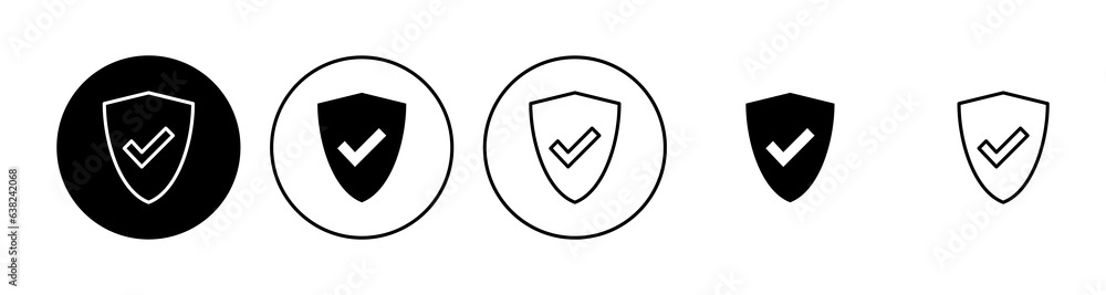 Shield check mark icon set. Protection approve sign. Safe icon vector Shield check mark icon set. Protection approve sign. Safe icon vector