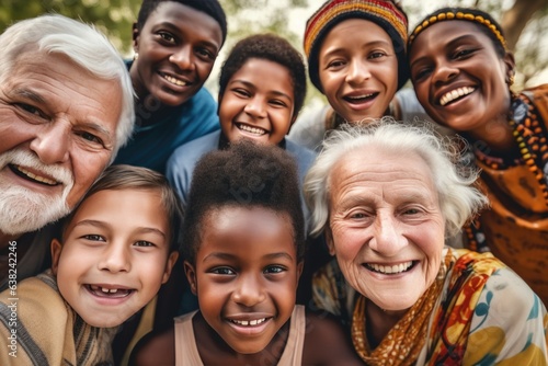 A diverse group of faces of from different cultures, kids, parents and grandparents, the elderly, aunts, uncles, friends and neighbours, kids, siblings, full of joyful celebration, selfie style family