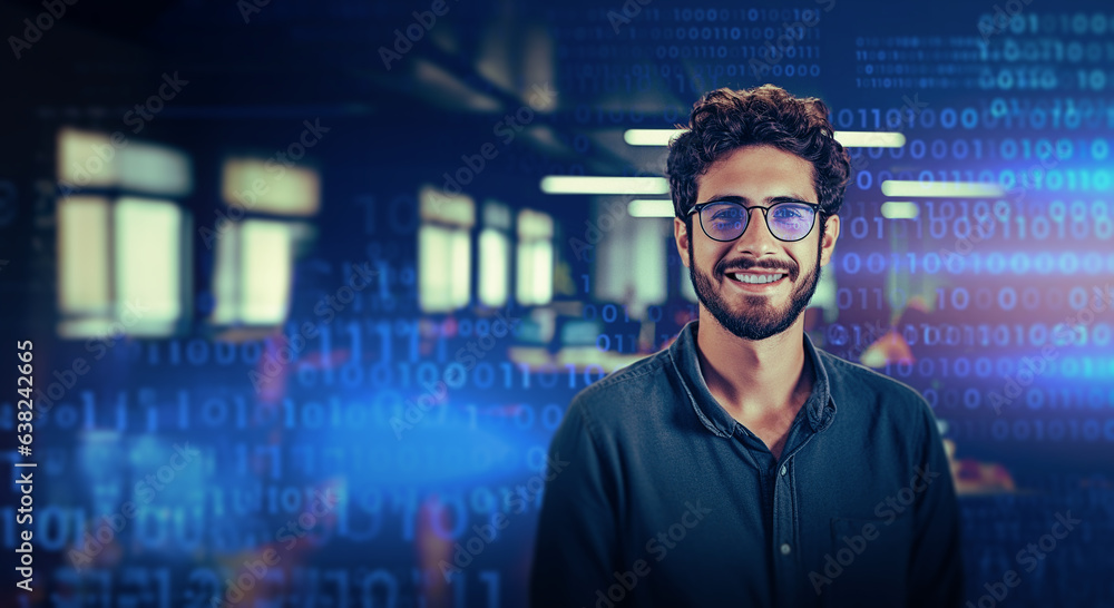 Fototapeta premium Young man programmer coding at night on ai computer screen for networking, malware or software at the office. Male person, coder or developer working late in computer display in problem solving.