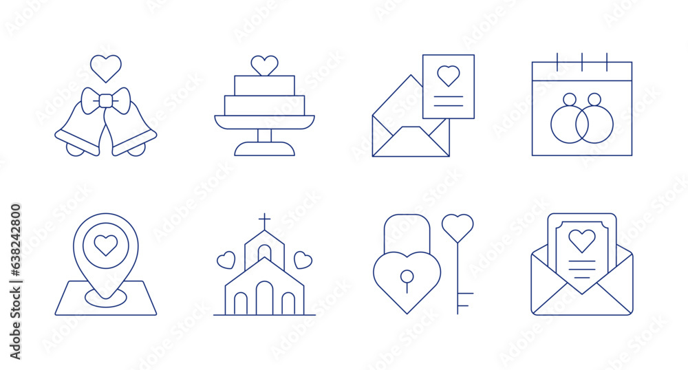 Wedding icons. editable stroke. Containing bell, cake, love letter
