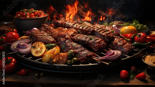 front view grilled barbeque with melted barbeque sauce and cut vegetables, blur background