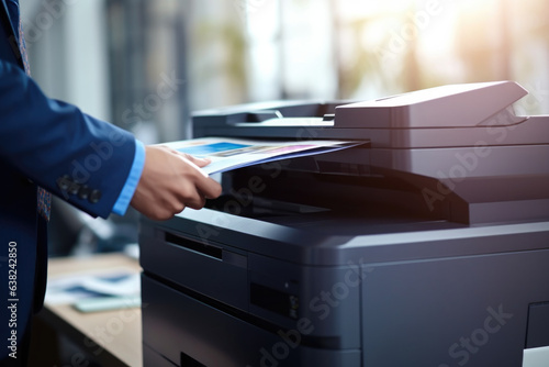 Efficient Office Workflow: Businessman Utilizing Advanced Technology with Multifunction Printer, Scanner, and Copier for Document Processing, Ensuring Productivity and Professionalism in the Workplace