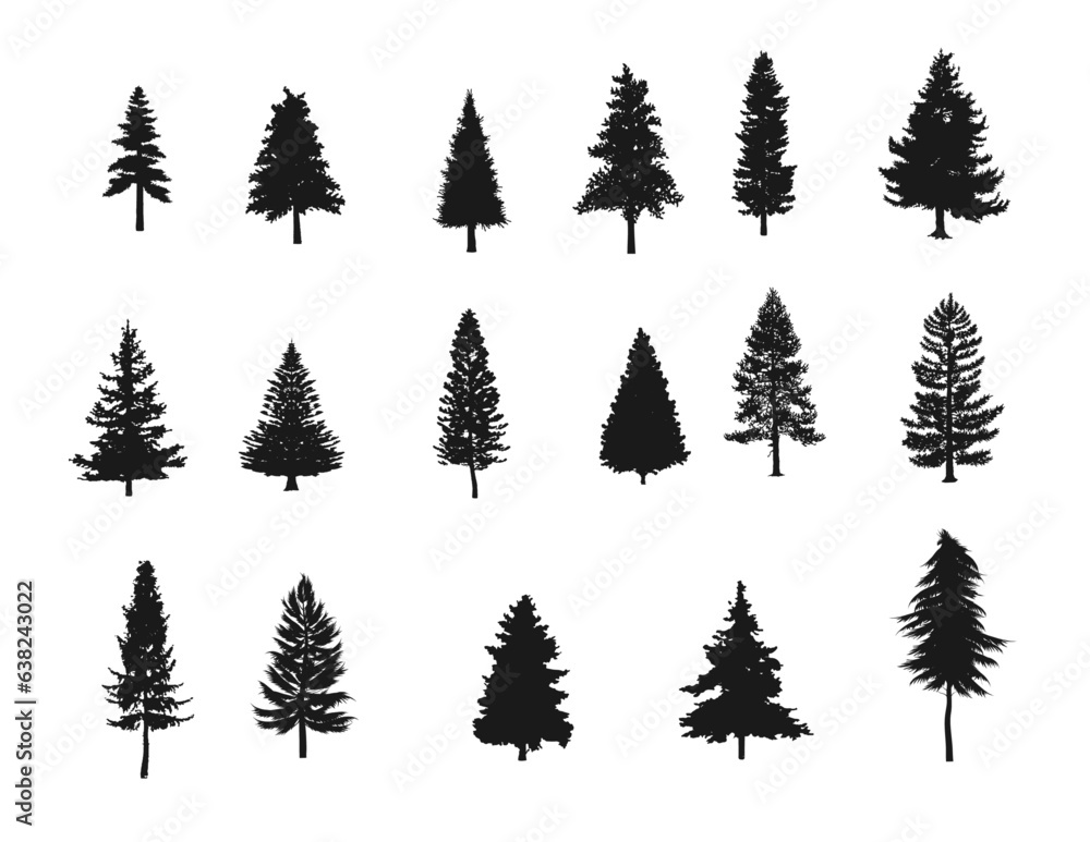 Set of pine tree silhouettes, fir forest tree
