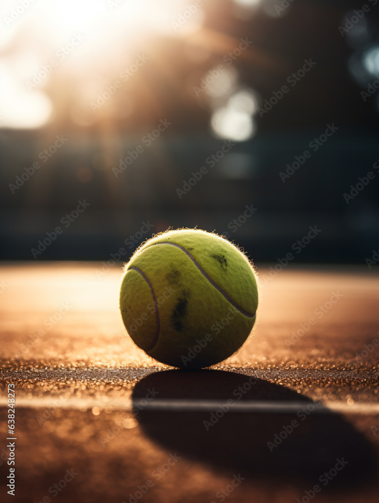 a close up of a tennis ball resting on a tennis court, cinematic, blurred background - Generative AI