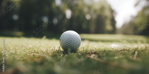 a close up of a Golf ball resting on a golf course, cinematic, blurred background - Generative AI