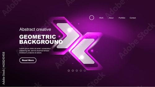 Abstract background landing page, glass geometric shapes with glowing neon light reflections, energy effect concept on glossy forms