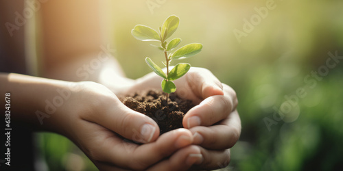 hand holding young plant in sunshine and green nature background - Generative AI