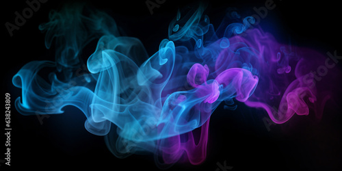 Neon blue and purple multicolored smoke puff cloud design elements on a dark background - Generative AI