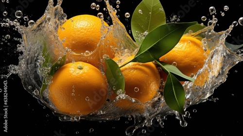 front view flying mandarin oranges hit by splashes of water on black background and blur
