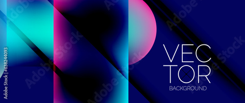 Dynamic bright colorful geometric elements with fluid gradients, lights, shadows blend in a minimal backdrop, creating captivating composition