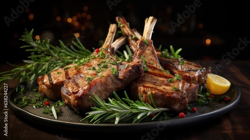 front view Grilled lamb chops with barbeque sauce on a plate with black and blurry background