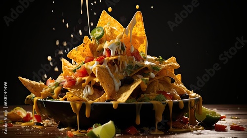 front view Nachos full of chunks of vegetables with with mayonnaise sauce on black blurred background