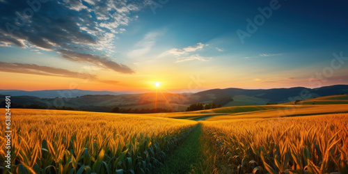 In the rays of the autumn dawn  the countryside on a hilly landscape and a field of corn. AI Generation 