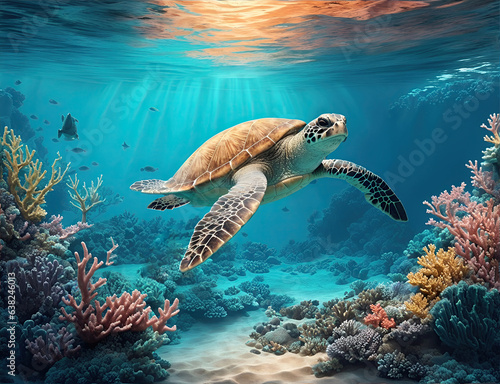 Wonderful and beautiful underwater world with turtles   corals and tropical fish.