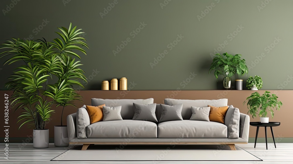 front view Modern living room interior with sofa and green leaf ornament and minimalist design front view Modern living room interior with sofa and green leaf ornament and minimalist design